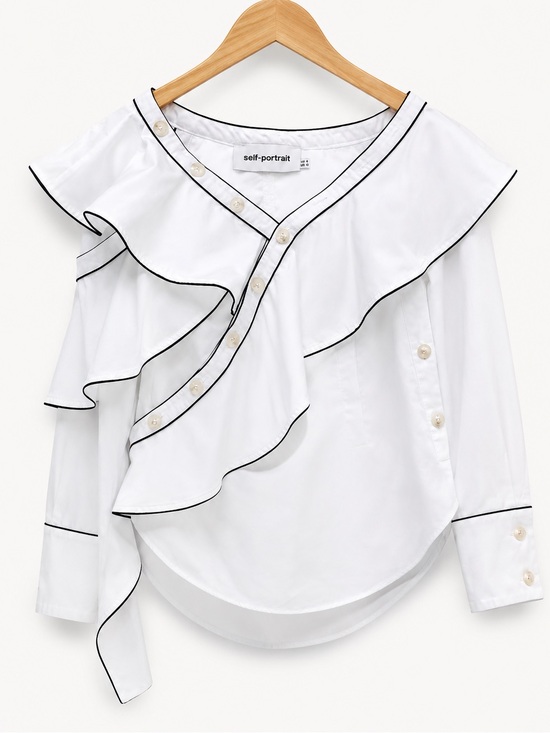 Self-Portrait Tops - Self-Portrait White Button-Down Ruffle Shirt with Black Trim
